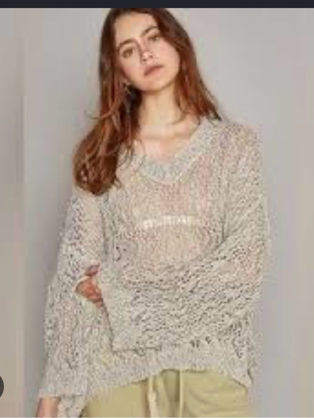 POL Oatmeal Crochet Open Knit Oversized V Neck Sweater M